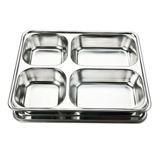 4 departments stainless steel square lunch tray with plastic lid for school/prison